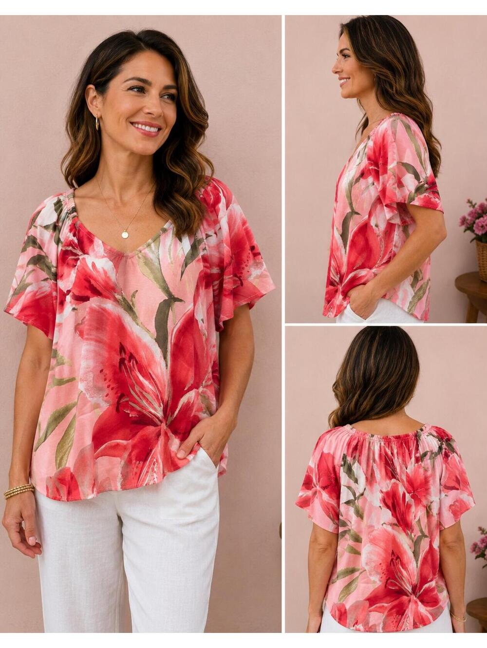 Fever Pink Floral‎ Linen Blend Top Large NWT Tropical Print